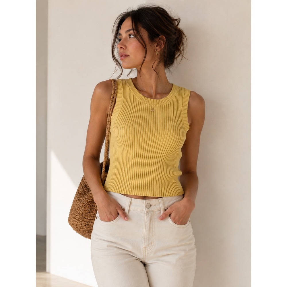 By Together Yellow Ribbed Knit Crop Top Size M Sleeveless Cotton Blend Spring